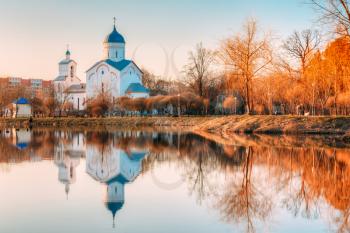 St. Alexander Nevsky Church in Gomel, Homiel Belarus. Orthodox Church At Sunset Or Sunrise In Autumn Season