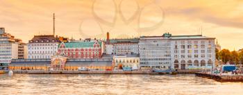 Panorama Of Embankment In Helsinki At Summer Sunset Evening, Sunrise Morning, Finland. Town Quay, Famous Place