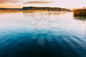 Calm Water Of Lake, River, Forest On Other Side. Landscape. Russian Nature Background.