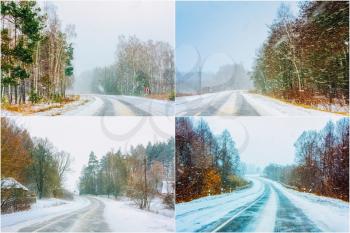 Set Collage Snowy Road At Winter