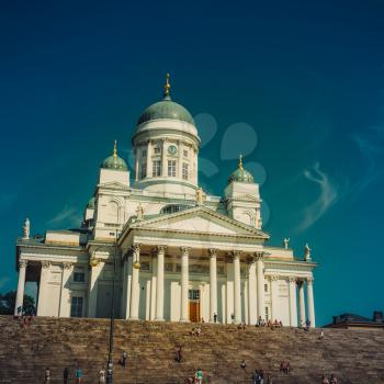 Helsinki Cathedral, Helsinki, Finland In Summer Sunny Day. Toned Instant Photo