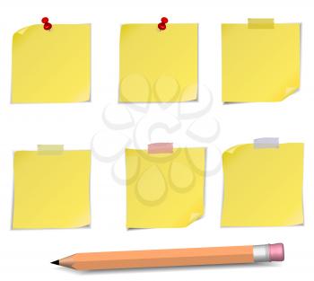 Adhesive Notes with pin and pencil isolated on white