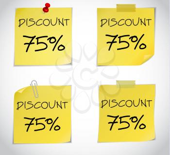 Discount text with numbers on yellow adhesive notes with pin isolated on white. Vector illustration