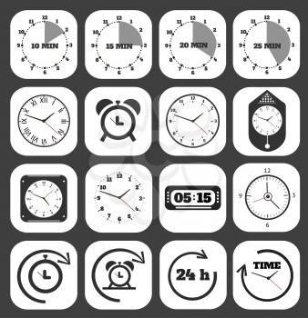 Black clocks icon set. Set of timers. 5, 10, 15, 30 minutes.
