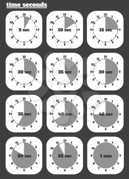 Black clocks icon set. Set of timers. 5, 10, 15, 30 seconds.