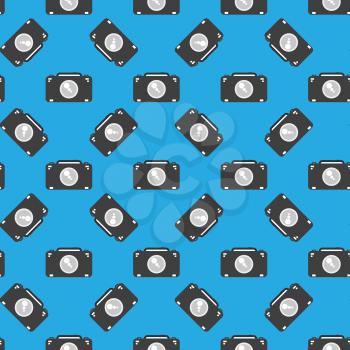 Camera sign seamless pattern on blue background