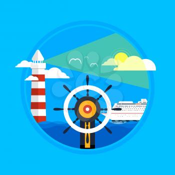 Cruise ship, lighthouse, wheel and clear blue water. Water tourism. Icons of traveling, planning a summer vacation, tourism and journey objects