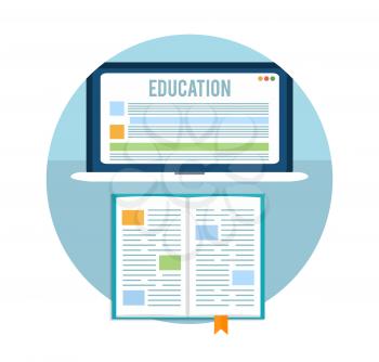 Book with laptop. Education concept in flat design
