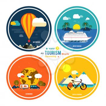 Icons set of traveling, planning a summer vacation, tourism and journey objects and passenger luggage in flat design. Different types of travel. Business travel concept