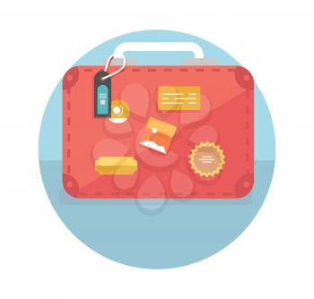 Suitcase with travel stickers. Business travel concept