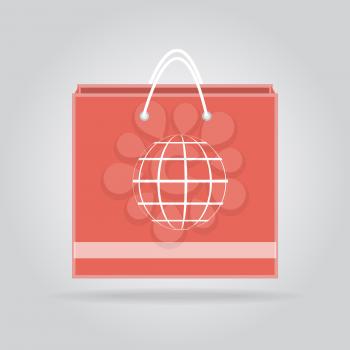Paper shopping bag with world sphere on gray background