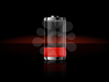 Glossy transparent battery icons. Ends in red battery charge on black background