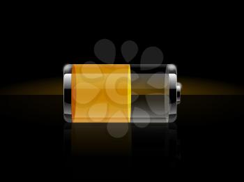 Glossy transparent yellow battery icons. Batteries charge in half on black background