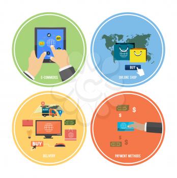 Icons for e-commerce, delivery, online shopping, payment methods, business tools