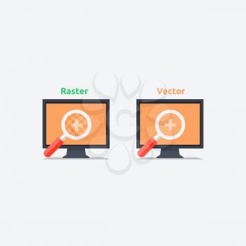 Difference between vector and raster format shown on the monitors