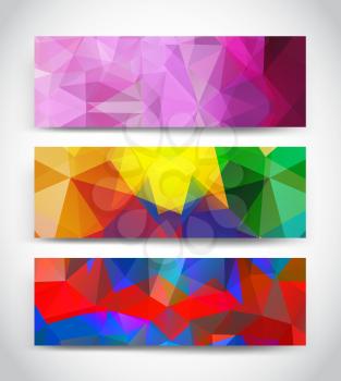Abstract multicolor geometric triangles banners set on gray background