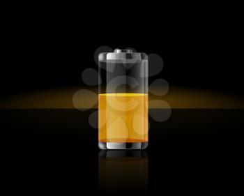 Glossy transparent yellow battery icons. Batteries charge in half on black background