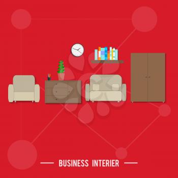 Business interior concept. Poster concept with icons of business interior via management and organization ideas symbol and workplace elements in flat design