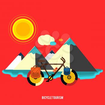 Bicycle near the mountain. Bicycle tourism. Icons of traveling, planning a summer vacation, tourism and journey objects