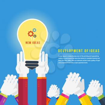 Hands with lightbulb idea concept in flat design. Development of ideas