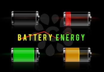 Set of detailed glossy transparent battery level indicator icons. Battery energy concept