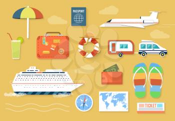 Icons set of traveling, planning a summer vacation, tourism and journey objects and passenger luggage in flat design. Different types of travel. Business world travel concept