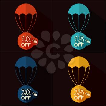 Set of parachutes with discount on black background