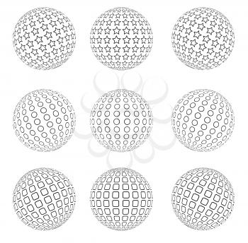 Vector illustration of an abstract dotted, stars, swirls and grill spheres