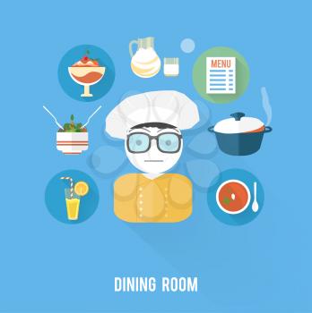 Kitchen concept with item icons. Cook with menu of drinck, salad, dessert, milk and soup in flat design style