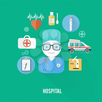 Hospital concept with item icons. Doctor with first aid kit in flat design style