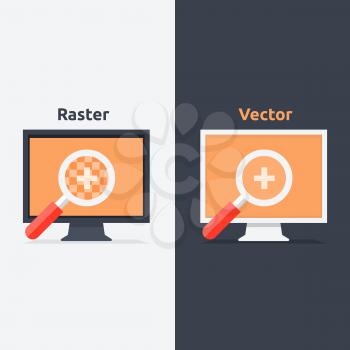 Difference between vector and raster format shown on the monitors