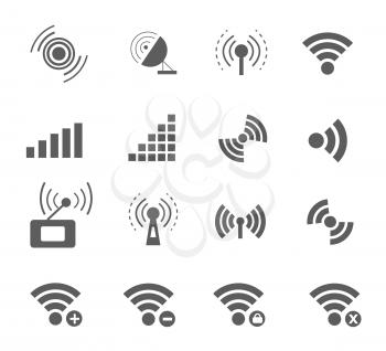 Wireless and wifi icons in black color for remote access and communication via radio waves on white background. Set of different condition of connection network
