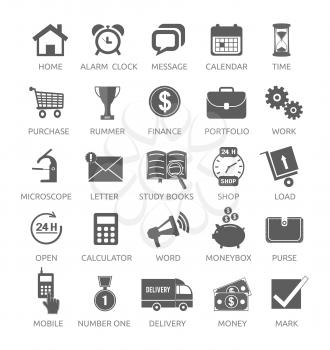 Icons for web and mobile applications on white background. Home, alarm clock, watch, message, calendar, time, purchase, rummer, winner, finance, portfolio and other item icons