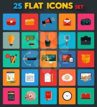 Web design objects, strategy, business, office and marketing items icons. Set of 25 business item icons in flat design style. Pay per click, social media, seo, business idea, calendar and other item i