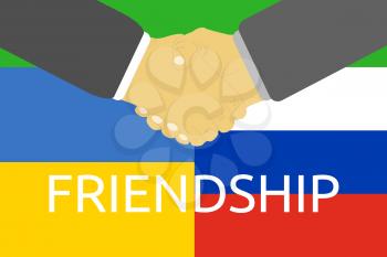 Russia and Ukraine friendship and crisis. Russia and Ukraine flags and handshake in flat design