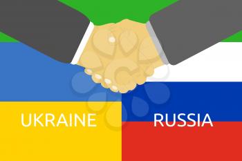 Russia Ukraine friendship and crisis. Russia and Ukraine flags and handshake in flat design