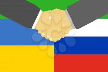 Russia Ukraine friendship and crisis. Russia and Ukraine flags and handshake in flat design