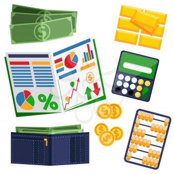 Dollar bills, leather wallet, notebook, calculator, gold and notebook with graph. Business concept tools flat design style