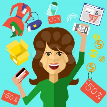 Happy woman with a card and phone in hands of store. Online shopping icons store elements fashion purchases bag tag shoes gift lable smartphone with discount flat design cartoon style