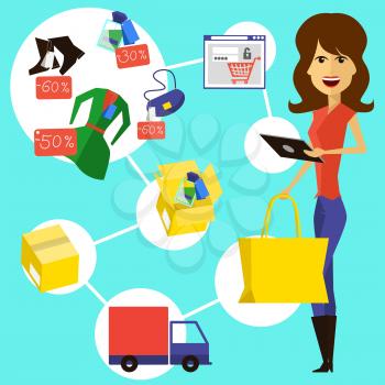 Happy woman with a bag and phone in hands of store. Online shopping icons store elements fashion purchases bag tag shoes gift lable smartphone with discount flat design cartoon style