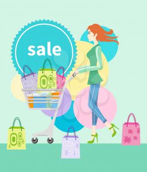 Shopping girl woman with trolley showing shopping bag with sale written on lable. Beautiful smiling woman near shopping tag flat design cartoon style