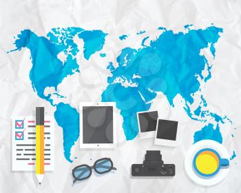 Creative map with camera glasses photos on paper background. Travel concept of map on compressed paper