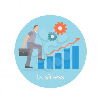 Concept of success and determination in business. Businessman step up to top of success arrow in flat design style