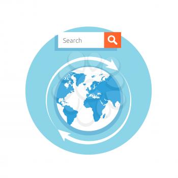 Search concept address bar with globe icon and magnify glass on button in flat design style