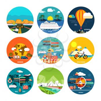 Icons set of traveling, planning a summer vacation, tourism and journey objects, hitchhiking and passenger luggage in flat design. Different types of travel. Business travel concept