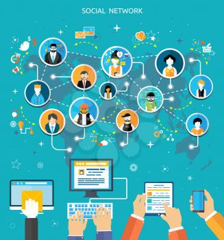 Social media network connection concept. People in a social network. Concept for social network in flat design. Globe with many different people's faces