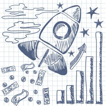 Rocket flies up the graph and for fuel bills money dollars euro in sketch style. Idea concept