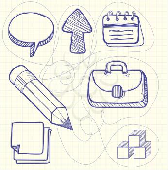 Set of sketch doodle business management infographics elements icons background in the box. Briefcase arrow up sheet notebook bubble calendar
