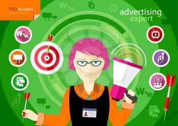 Advertising expert of marketing profession series. Woman holding a megaphone and darts with item icons