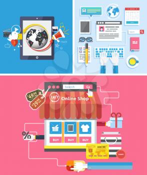 Online shopping social media and seo optimization concept item icons in flat design. Mobile phone services and apps icon